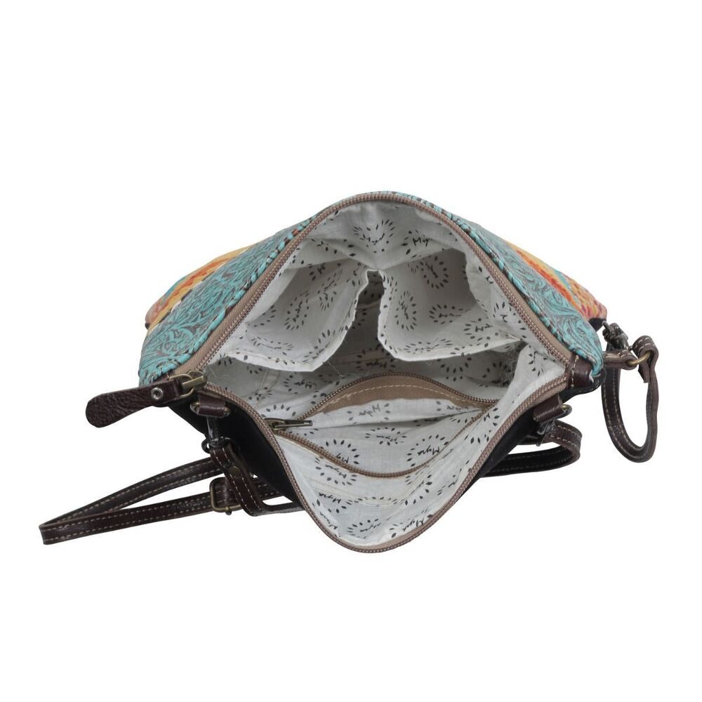 Myra Bag Handmade Xantho Small Crossbody Bag Upcycled Canvas & Cowhide Leather - Picture 8 of 10